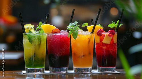 Fruit Cocktails on Bar Counter - Summer Drinks Collection.