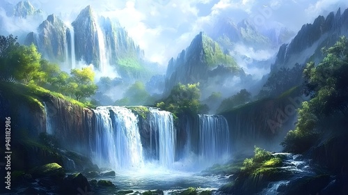 Breathtaking scenic view of a waterfall cascading down a mountainside in a lush green forest.