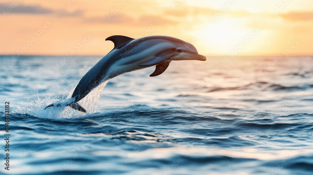 A dolphin joyfully jumps from the shimmering water, sending splashes in all directions while illuminated by warm sunlight against a backdrop of an expansive ocean A dolphin joyfully jumps from the shimmering water, sending splashes in all directions while illuminated by warm sunlight against a backdrop of an expansive ocean