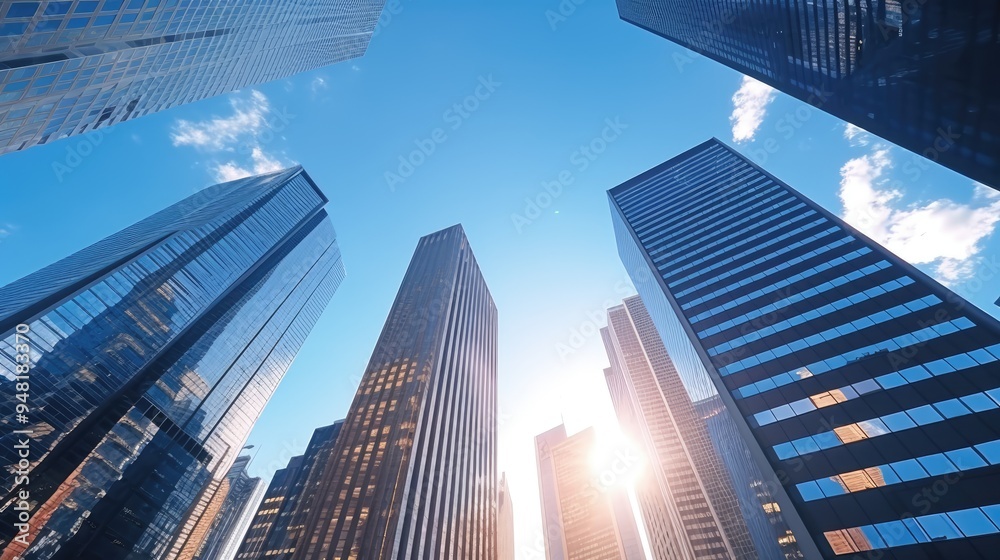 Fototapeta premium Glass tower with reflections in a bustling city skyline.