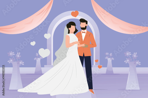 The couple stands romantically.