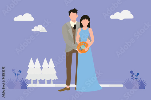 The couple stands romantically.
