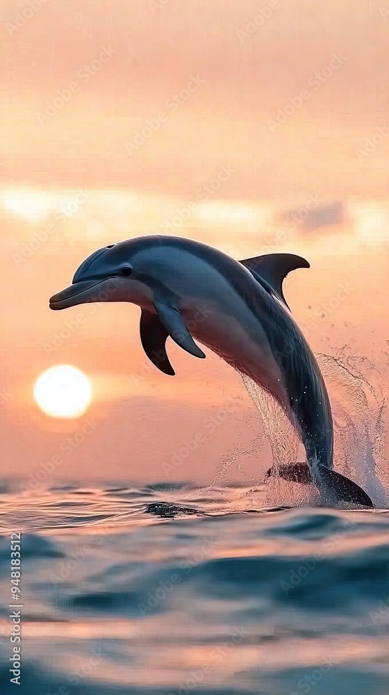 A dolphin joyfully jumps from the shimmering water, sending splashes in all directions while illuminated by warm sunlight against a backdrop of an expansive ocean A dolphin joyfully jumps from the shimmering water, sending splashes in all directions while illuminated by warm sunlight against a backdrop of an expansive ocean
