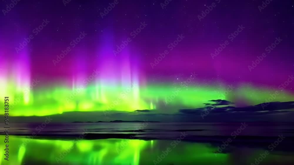 Aurora Borealis Displaying Vibrant Green and Purple Hues Over a Tranquil Sea, Capturing the Magic of the Northern Lights Aurora Borealis Displaying Vibrant Green and Purple Hues Over a Tranquil Sea, Capturing the Magic of the Northern Lights