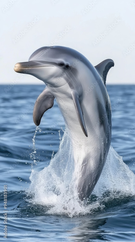 Obraz premium A dolphin joyfully jumps from the shimmering water, sending splashes in all directions while illuminated by warm sunlight against a backdrop of an expansive ocean