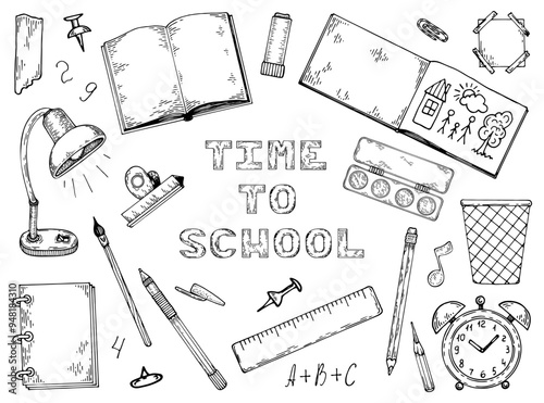 Set back to school hand drawn doodle. Stationery supplies. Children school elements. Study time. Books, notebook, pens, ruler, lamp, clock. Lessons. Vector sketch line art illustration.