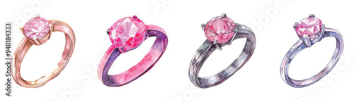 A gold ring with a precious pink stone. Watercolor style rings with pink stones on a transparent background. Vector illustration.