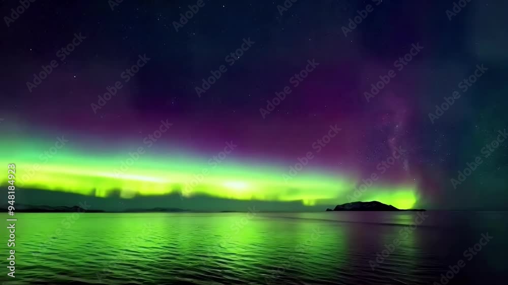 Aurora Borealis Reflecting on Calm Water with Stars in the Night Sky