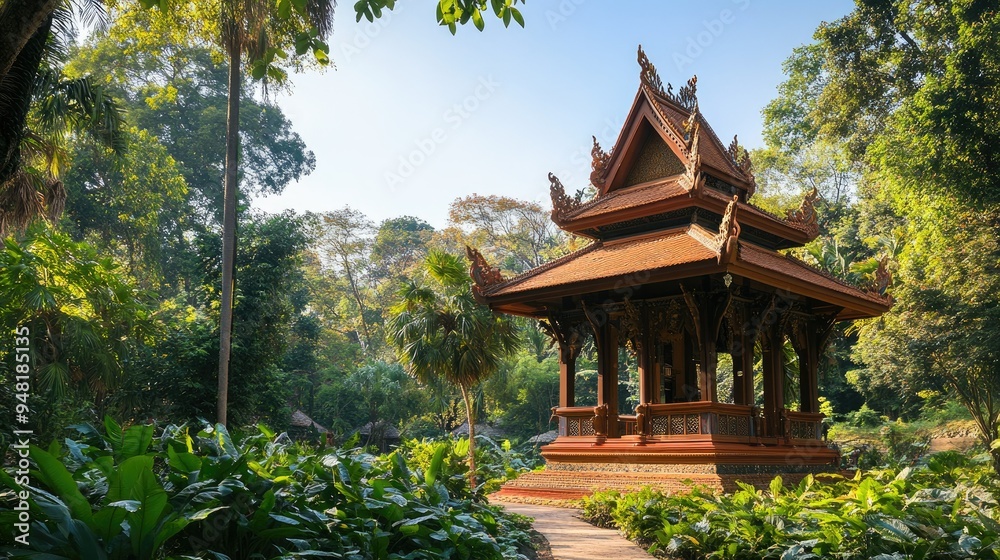 Traditional Southeast Asian pagoda with intricate architecture, surrounded by lush greenery, clear sky