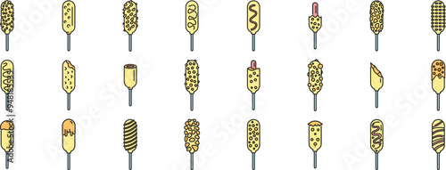 Set of various corn dogs with different toppings being dipped in mustard or chocolate