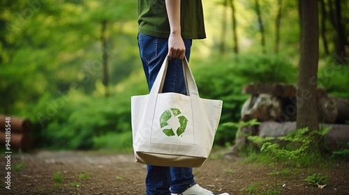 Individual Walking with Green Tote Bag Under Spring Tree
