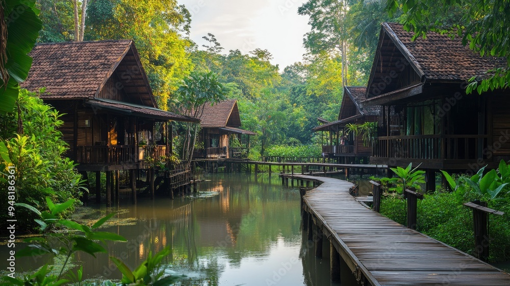 Traditional Southeast Asian village with stilt houses and lush green surroundings, rural charm Traditional Southeast Asian village with stilt houses and lush green surroundings, rural charm