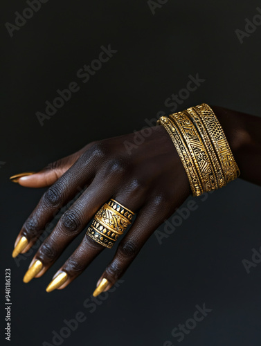 A woman is holding her hand up to show off her gold and black bracelets and ring. The bracelets are stacked on top of each other, and the ring is on her finger. Concept of elegance and sophistication