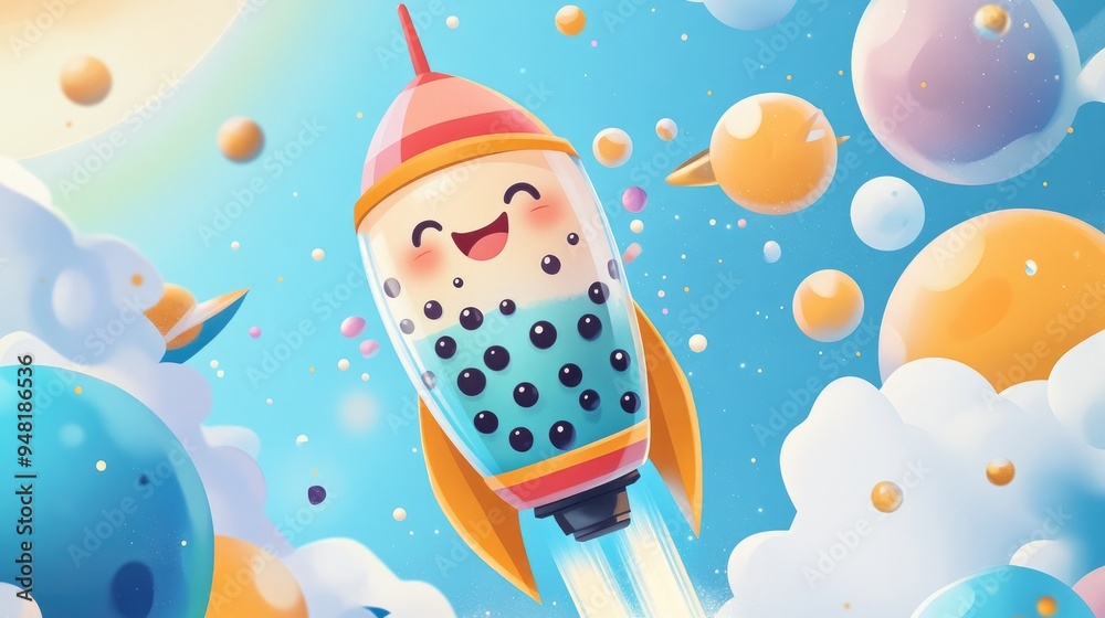 A cartoon bubble tea character in a rocket ship, with boba pearls as the fuel for the journey. A cartoon bubble tea character in a rocket ship, with boba pearls as the fuel for the journey.