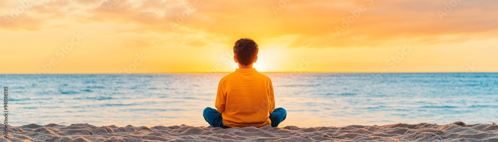 young boy contemplating the ocean at sunset - serene moment of tranquility and reflection on the beach. young boy contemplating the ocean at sunset - serene moment of tranquility and reflection on the beach.