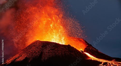 "Erupting Volcano with Lava Flowing Down One Side – Isolated Cut-Out"