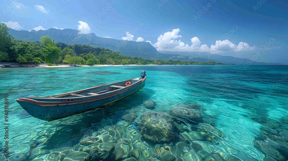 A wooden boat is anchored in turquoise water, with a mountain range in the background and a sandy beach. A wooden boat is anchored in turquoise water, with a mountain range in the background and a sandy beach.