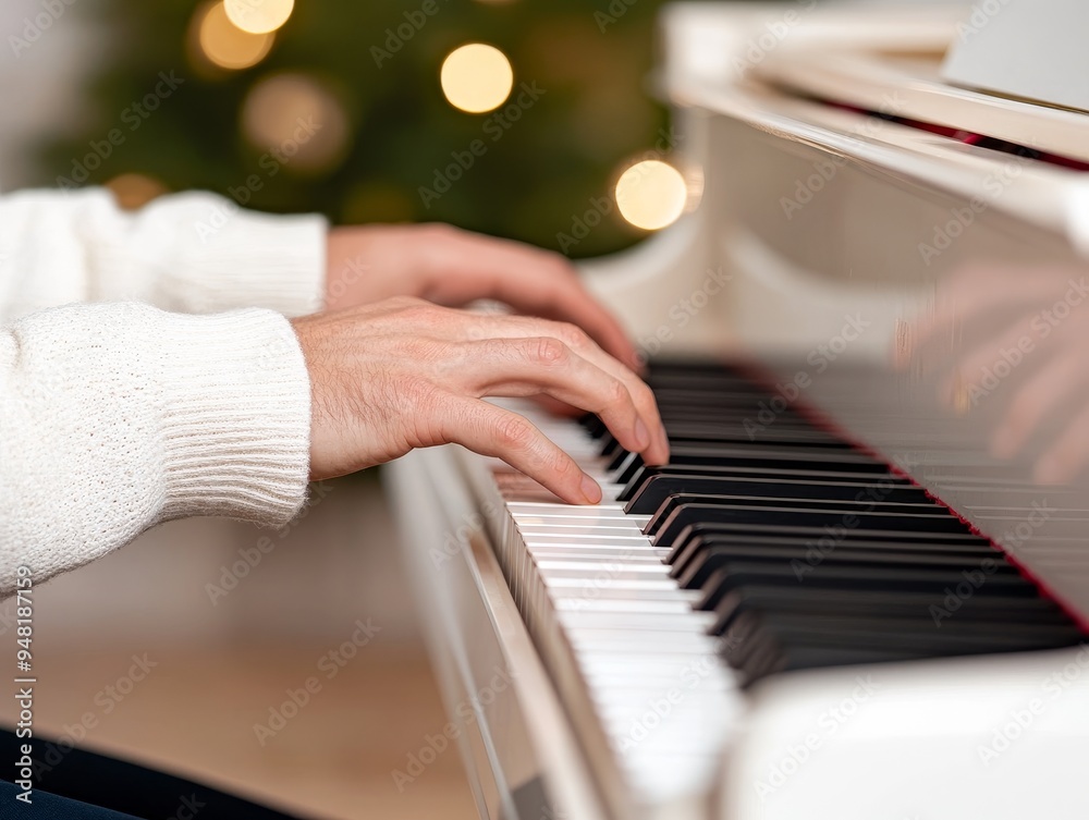 Obraz premium close-up of hands playing piano keys with christmas lights in the background - cozy winter music scene.