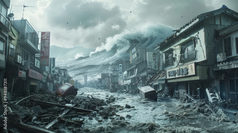 devastating effects of a tsunami on a coastal city with destroyed buildings. devastating effects of a tsunami on a coastal city with destroyed buildings.