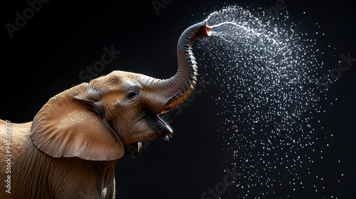 Playful Elephant Spraying Water from Its Trunk in a Refreshing Display of Cooling and photo