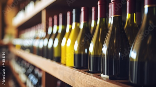 Assorted bottles of red and white wine on a wine cellar shelf.