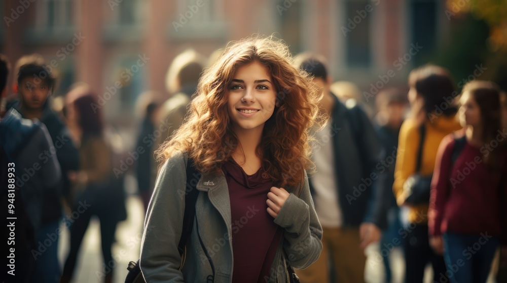 Attractive young woman with blond hair, confident smile, and modern fashion in city. Attractive young woman with blond hair, confident smile, and modern fashion in city.