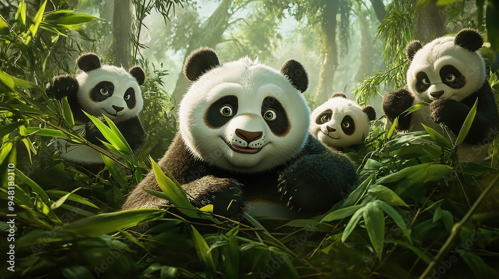 Curious Panda in Enclosure Engages with Welcoming Companions, Bamboo Forest Background, Ultra Realistic and Animated Aesthetics, Vivid Color Scheme