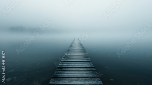 A long wooden pier stretches into calm, still waters under a hazy, foggy sky, capturing a serene, tranquil, and somewhat mysterious atmosphere in nature.