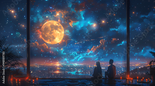 
2. A pair of people perched on a window ledge, admiring the serene beauty of the moon above them.
