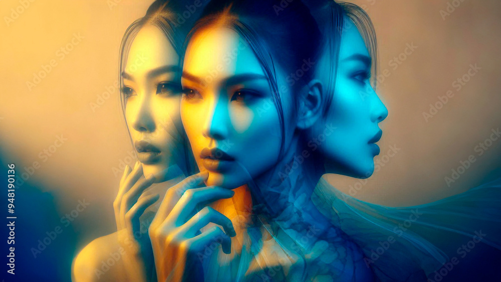 Fine art portrait of a woman with triple exposure and smooth blue and yellow color effects Fine art portrait of a woman with triple exposure and smooth blue and yellow color effects