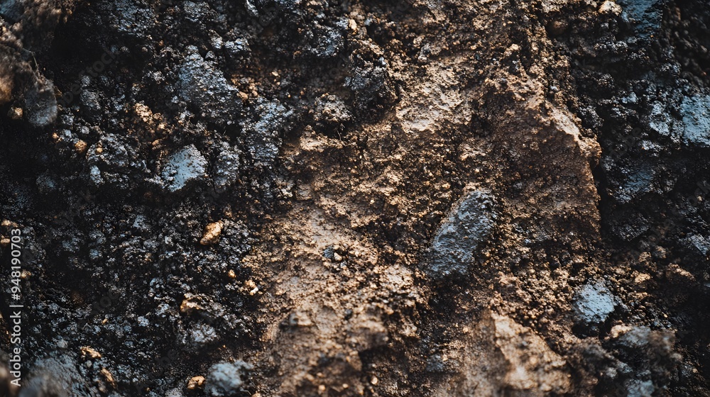 Coastal soil with distinct texture, salt-tolerant microorganisms, detailed close-up, illustrating adaptation to saline environments Coastal soil with distinct texture, salt-tolerant microorganisms, detailed close-up, illustrating adaptation to saline environments