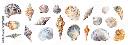Watercolor set of sea shells png. Sea shells and mollusks on an isolated background. Marine elements. Vector illustration.