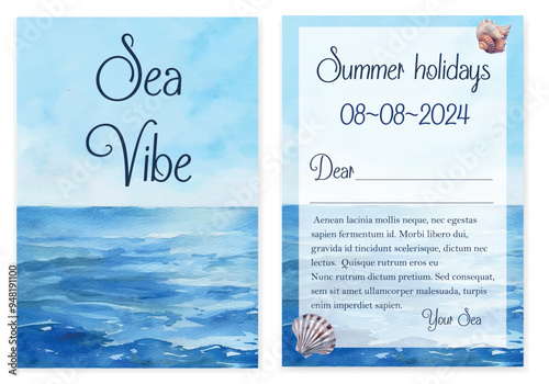A set of watercolor postcards with a marine theme. Nautical style postcard template with shells and sea. Summer sea card. vector illustration.
