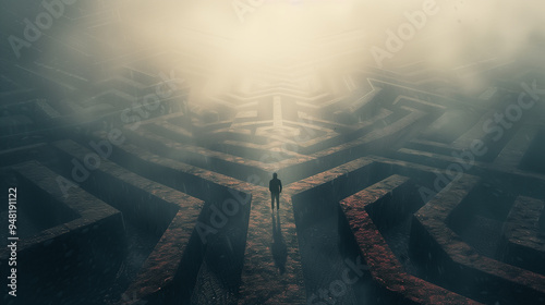 A man is walking through a maze with a red line on the ground. The maze is dark and gloomy, and the man is lost