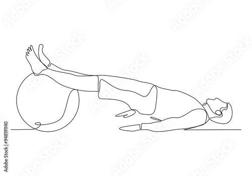 Continuous single line sketch drawing young energetic man exercise sit up and stretch with fitness ball in gym fitness healthy lifestyle sport vector illustration