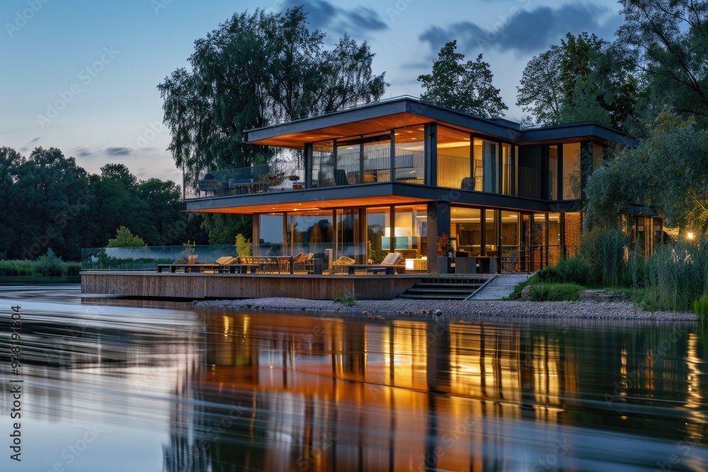 Modern house by the river at evening. Modern house by the river at evening.