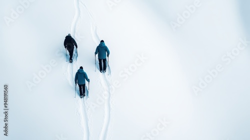 Three hikers, dressed in warm clothing, make their way through deep snow on a mountain slope, leaving distinct trails behind them as they move forward.