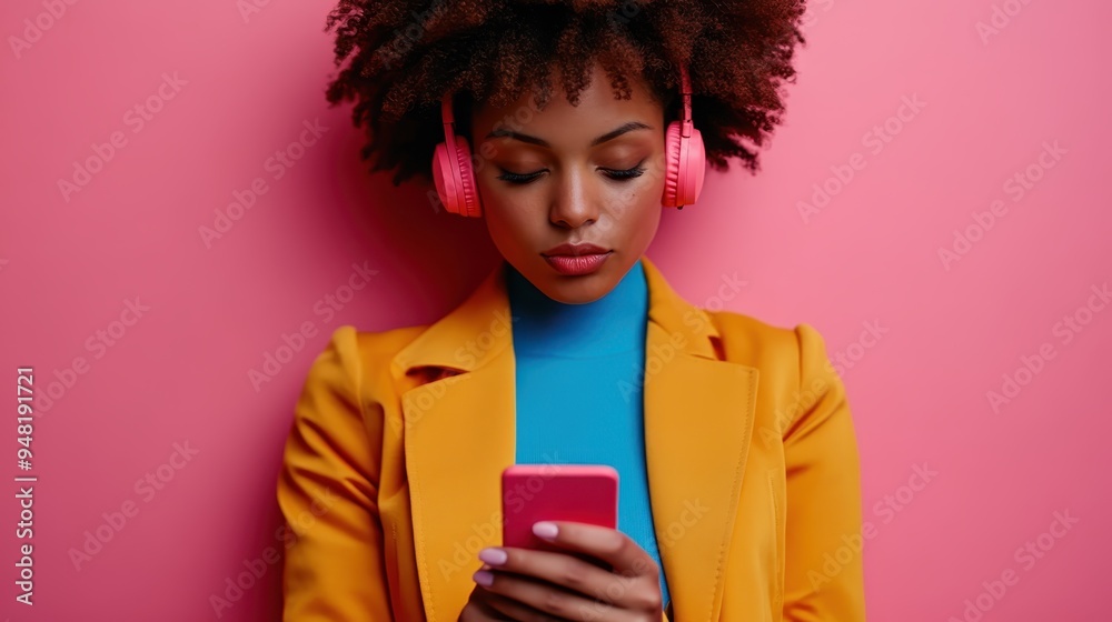 A young woman wearing headphones and colorful clothing is immersed in using her cellphone. Her concentration and vibrant attire create a striking and modern visual. A young woman wearing headphones and colorful clothing is immersed in using her cellphone. Her concentration and vibrant attire create a striking and modern visual.