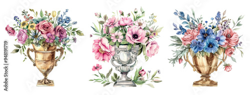 Watercolor set of flowers in street pots. Vintage vases with lush bouquets of flowers png. Vector illustration.