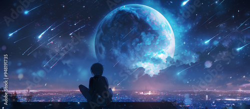 Anime boy on rooftop gazing at starry night sky, glowing moon, and city lights
