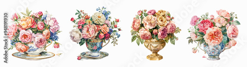 Watercolor cups with flowers. Tea cups are filled with roses and other flowers. Romantic elements of flower bouquets for weddings and other events. Vector botanical illustration.