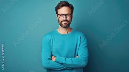 Cheerful bearded man in blue sweater smiling, standing with arms crossed on colored background.