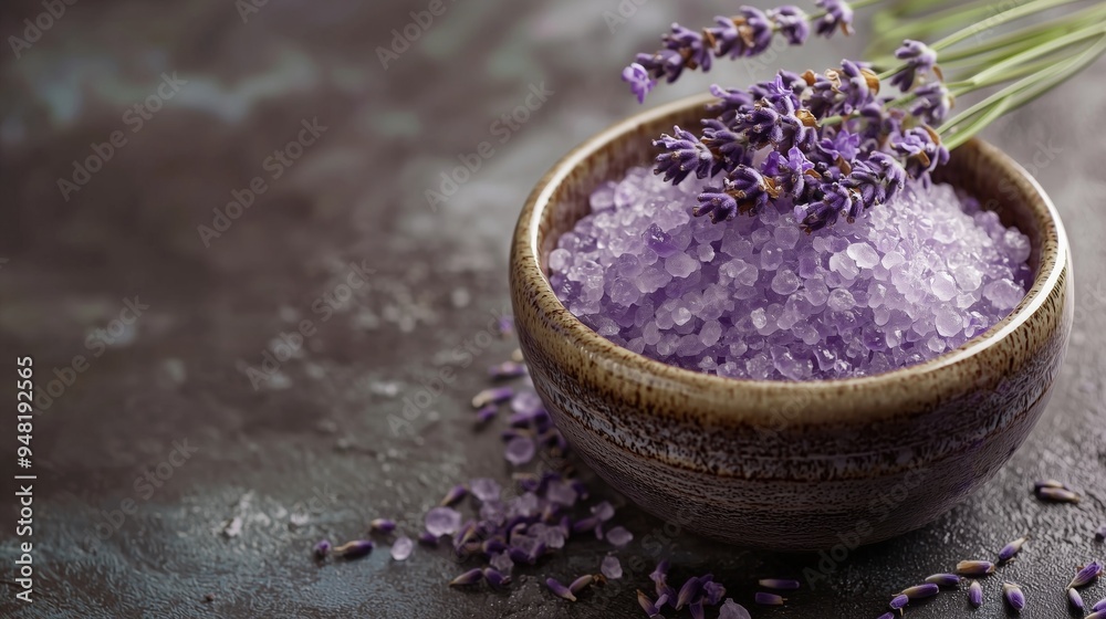 Luxurious Lavender Spa Setting with Natural Salt Bath and Aromatherapy Botanicals for Calming Luxurious Lavender Spa Setting with Natural Salt Bath and Aromatherapy Botanicals for Calming