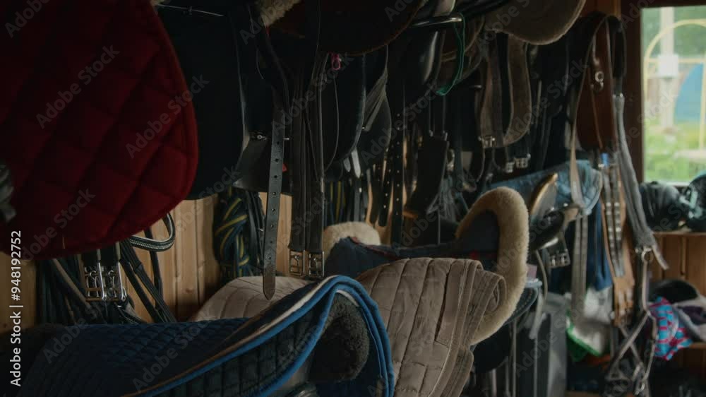 Collection of horse riding gear, including leather saddles, pads, sets of reins and straps hanging neatly on wooden wall of barn in countryside