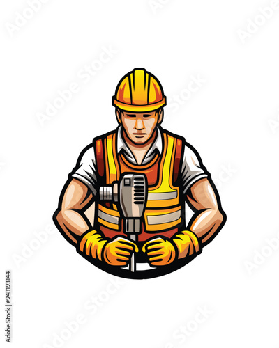 A vector illustration of a construction worker holding a jackhammer.