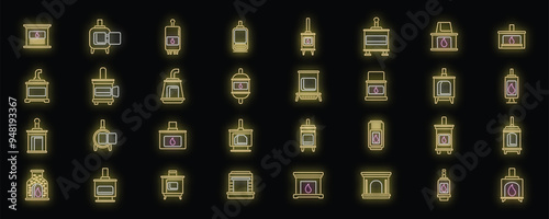 Set of neon icons representing different fireplaces for home heating, with various designs and styles