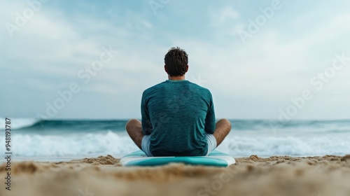 A man in a blue shirt and shorts sits on a surfboard facing the ocean, capturing a moment of calm reflection on a peaceful beach with waves in the background.