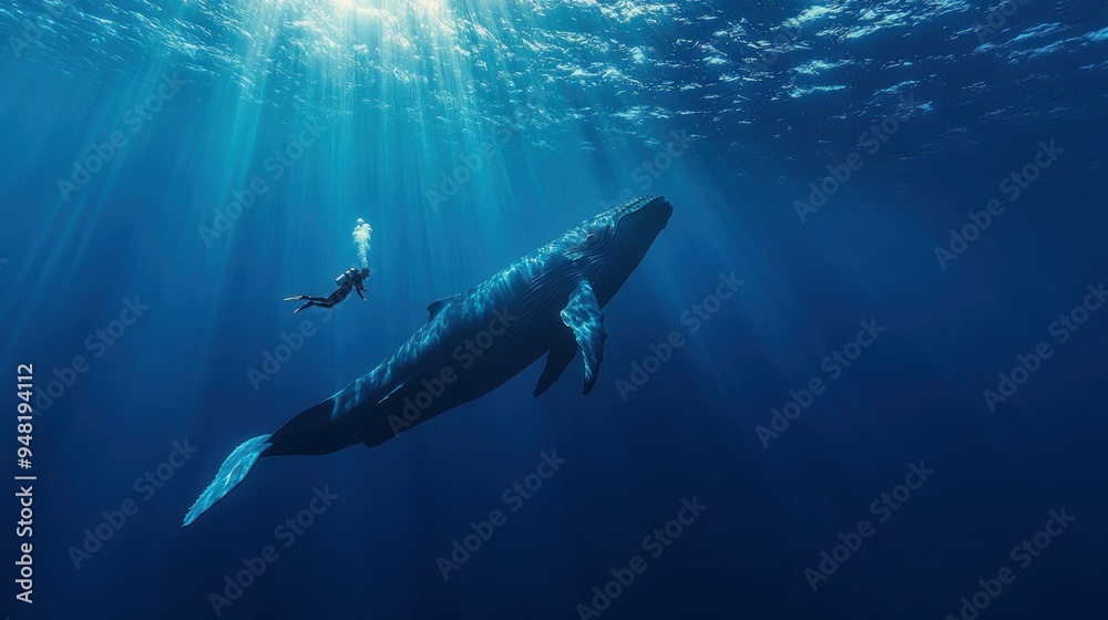 Diver with giant whale in deep sea
