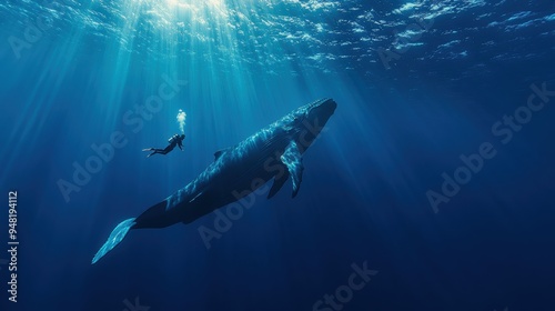 Obraz na płótnie Diver with giant whale in deep sea w salonie