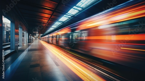 Illuminated city station, fast transit, blurred motion, public transportation locomotive.